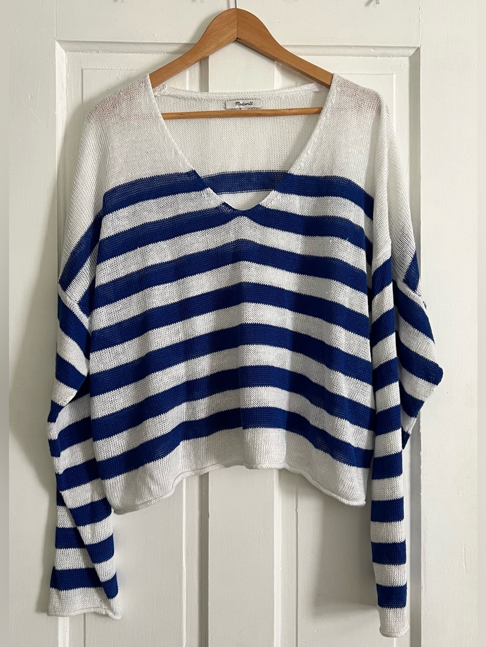 Madewell Women's XL Linen Striped Sweater Knit V-neck Preppy Coastal